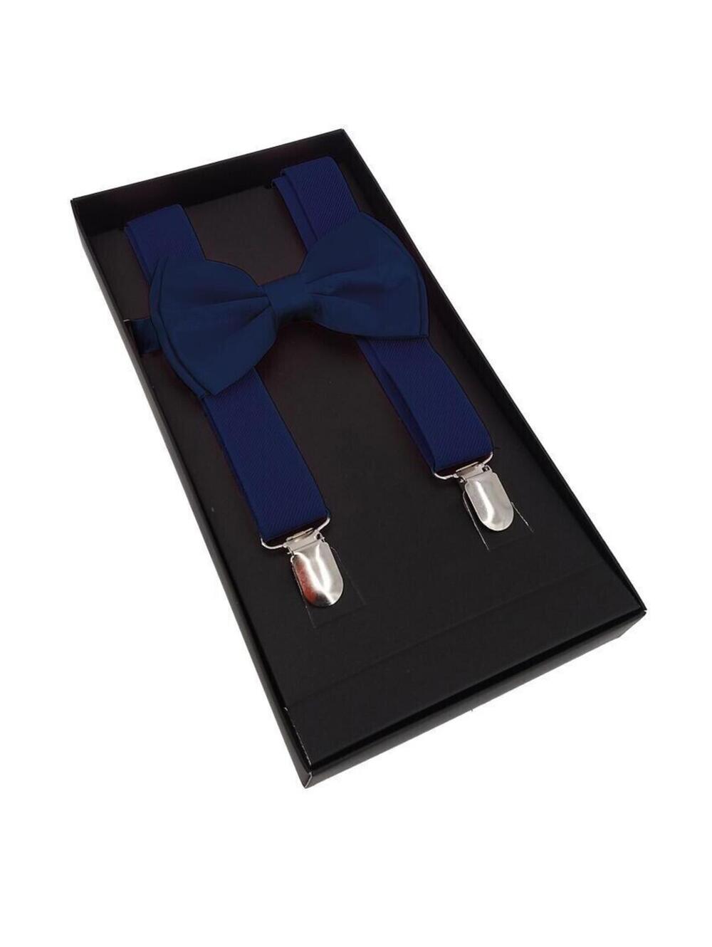 Men AB Elastic Band Navy Blue Suspender With Maching Polyester Bowtie